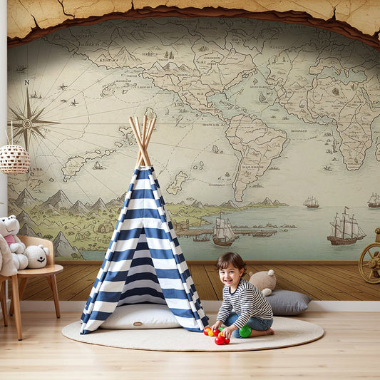 Kids-Mundo vintage world map wall mural above a cot in a warm, neutral nursery.