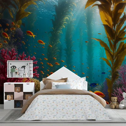 Kids-Mundo coral reef wall mural covering a kids bedroom wall beside a bed and desk