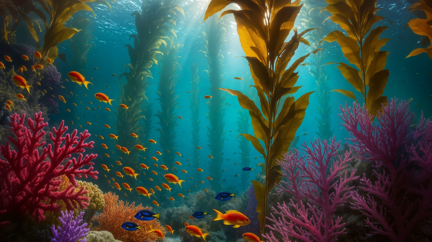 Kids-Mundo flat artwork of a sunlit kelp forest and coral reef with orange and blue fish