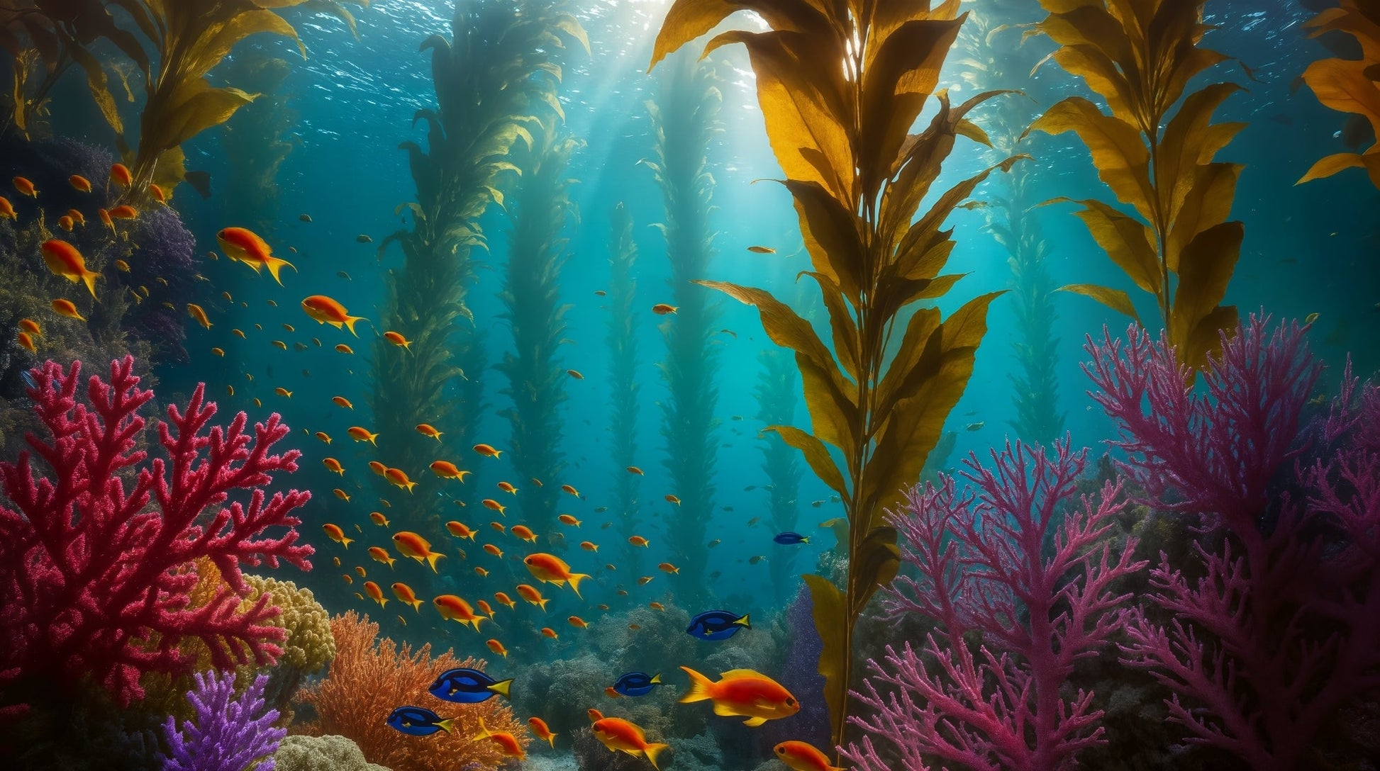 Kids-Mundo flat artwork of a sunlit kelp forest and coral reef with orange and blue fish
