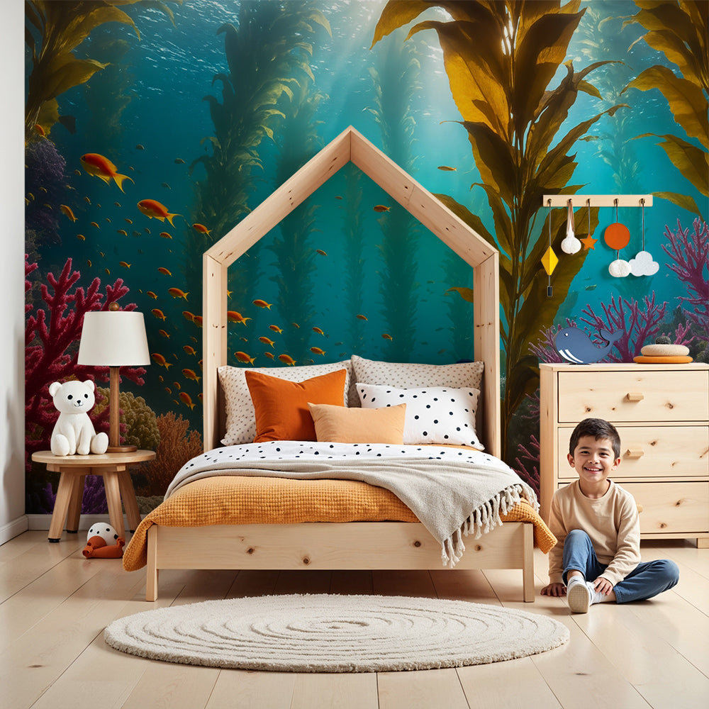 Kids-Mundo coral reef wall mural in a bright nursery behind a cot with sunlit kelp