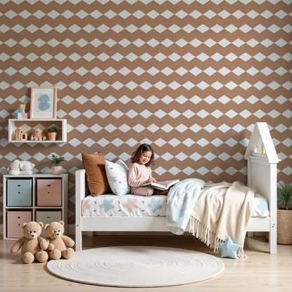 Kids-Mundo caramel diamond wall mural styled behind a crib in a warm nursery