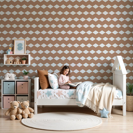 Kids-Mundo caramel diamond wall mural styled behind a crib in a warm nursery