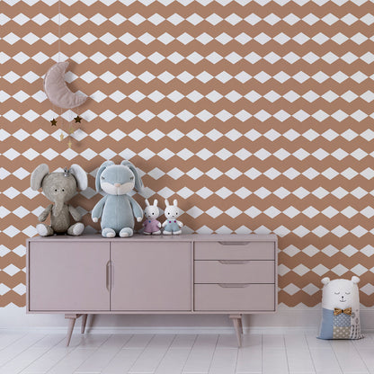Kids-Mundo caramel diamond mural covering a playroom wall beside a toy shelf