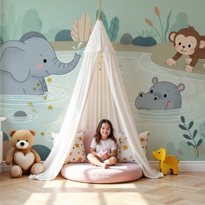 Water animals mural wallpaper with elephant and hippo in peaceful nursery setting by Kids-Mundo