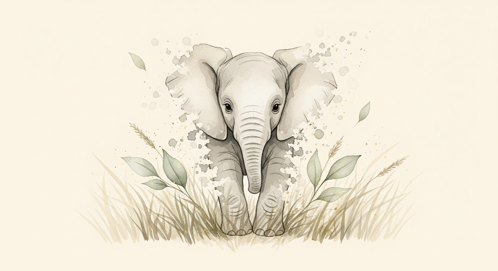 Kids-Mundo flat artwork of a watercolor baby elephant standing among soft grasses and leaves