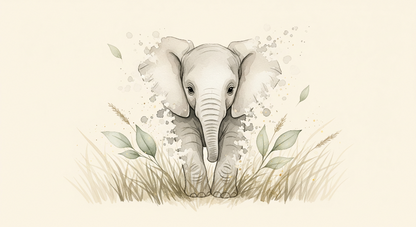 Kids-Mundo flat artwork of a watercolor baby elephant standing among soft grasses and leaves