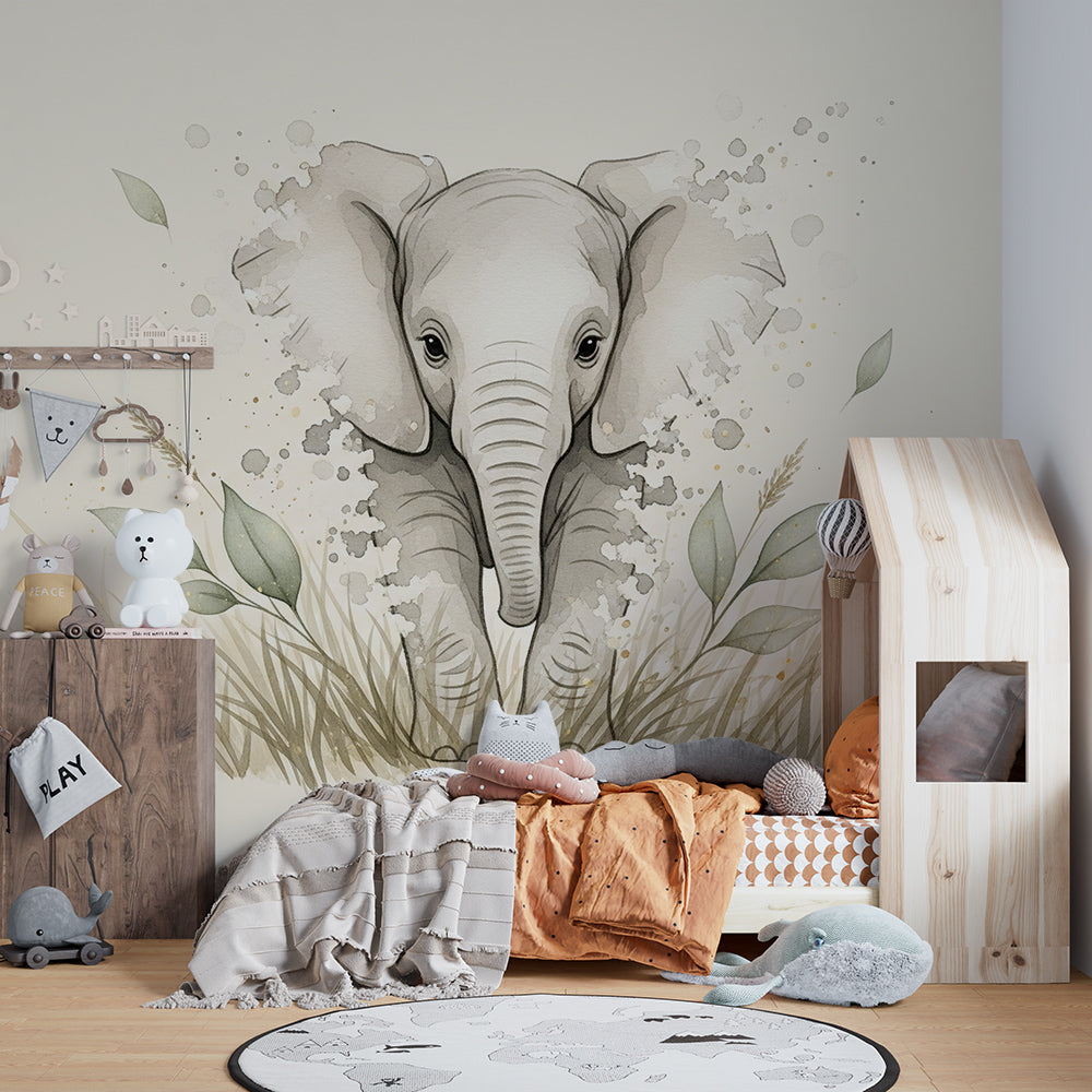 Kids-Mundo watercolor elephant wall mural covering a feature wall in a playroom