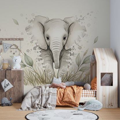 Kids-Mundo watercolor elephant wall mural covering a feature wall in a playroom