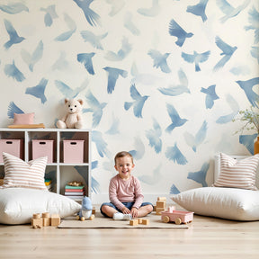 Watercolor birds mural wallpaper in blue tones decorating peaceful baby nursery by Kids-Mundo