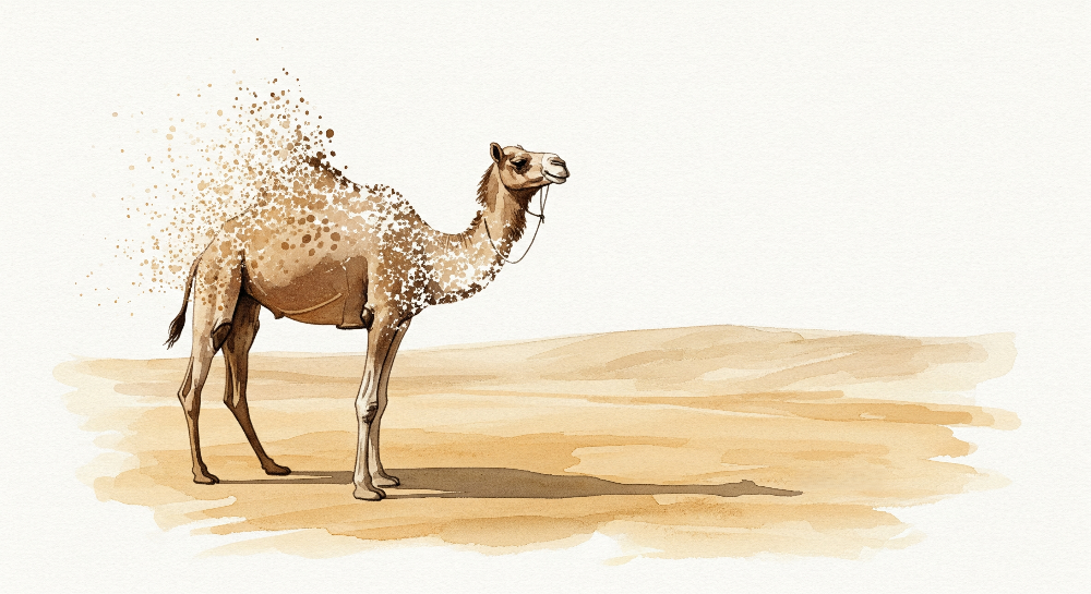 Kids-Mundo flat artwork of a watercolor camel walking across the desert with a dissolving colour trail