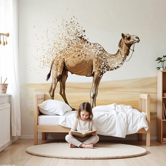 Kids-Mundo watercolor camel wall mural styled in a warm neutral nursery beside a cot