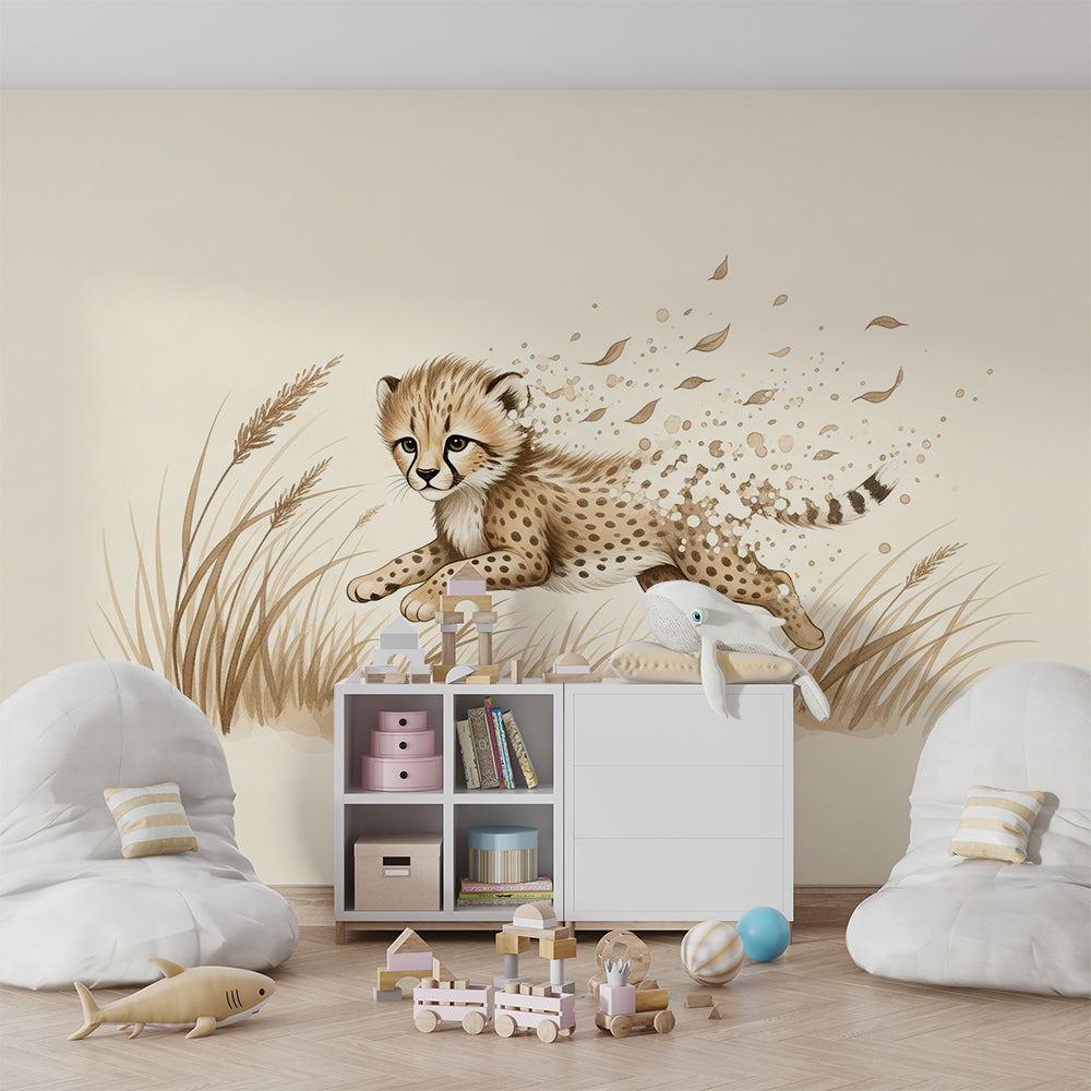 Kids-Mundo cheetah cub wall mural adding artistic colour to a kids bedroom wall