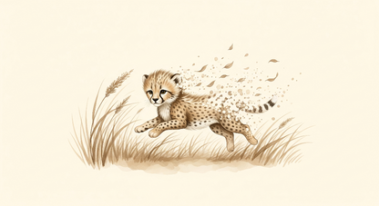 Kids-Mundo flat artwork of a watercolor cheetah cub running through golden grass with a dissolving trail