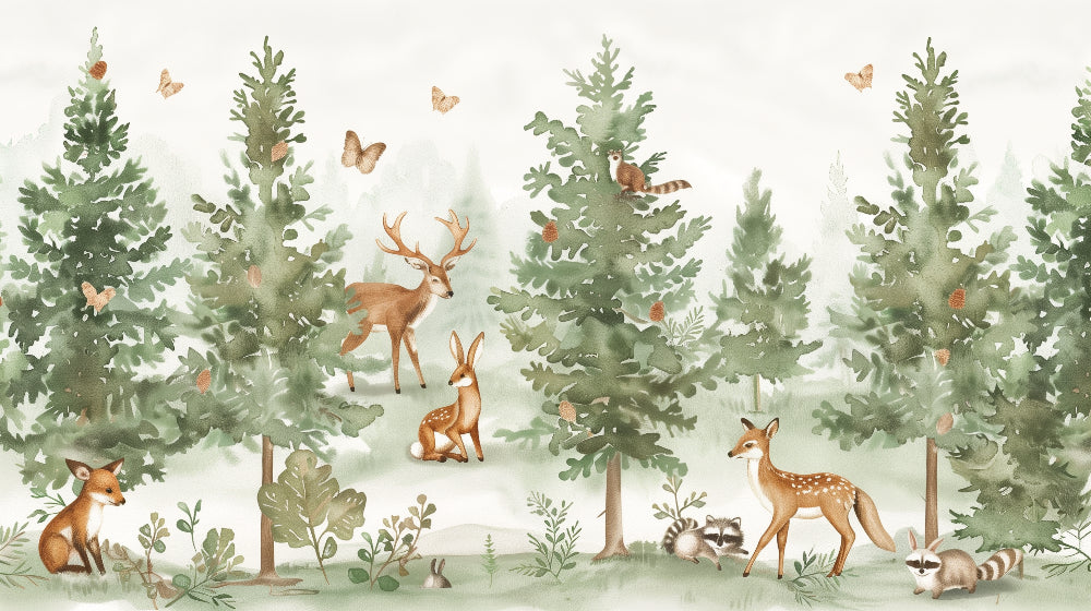 Detailed watercolor forest mural wallpaper design pattern with animals and butterflies by Kids-Mundo