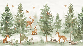 Detailed watercolor forest mural wallpaper design pattern with animals and butterflies by Kids-Mundo