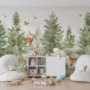 Nature-themed mural wallpaper featuring forest animals in watercolor style for children's playroom