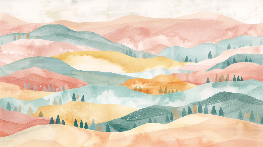 Detailed watercolor landscape mural wallpaper design pattern with pastel dreamy hills by Kids-Mundo