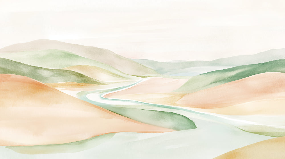 Detailed watercolor landscape mural wallpaper design pattern with soft valleys and river by Kids-Mundo