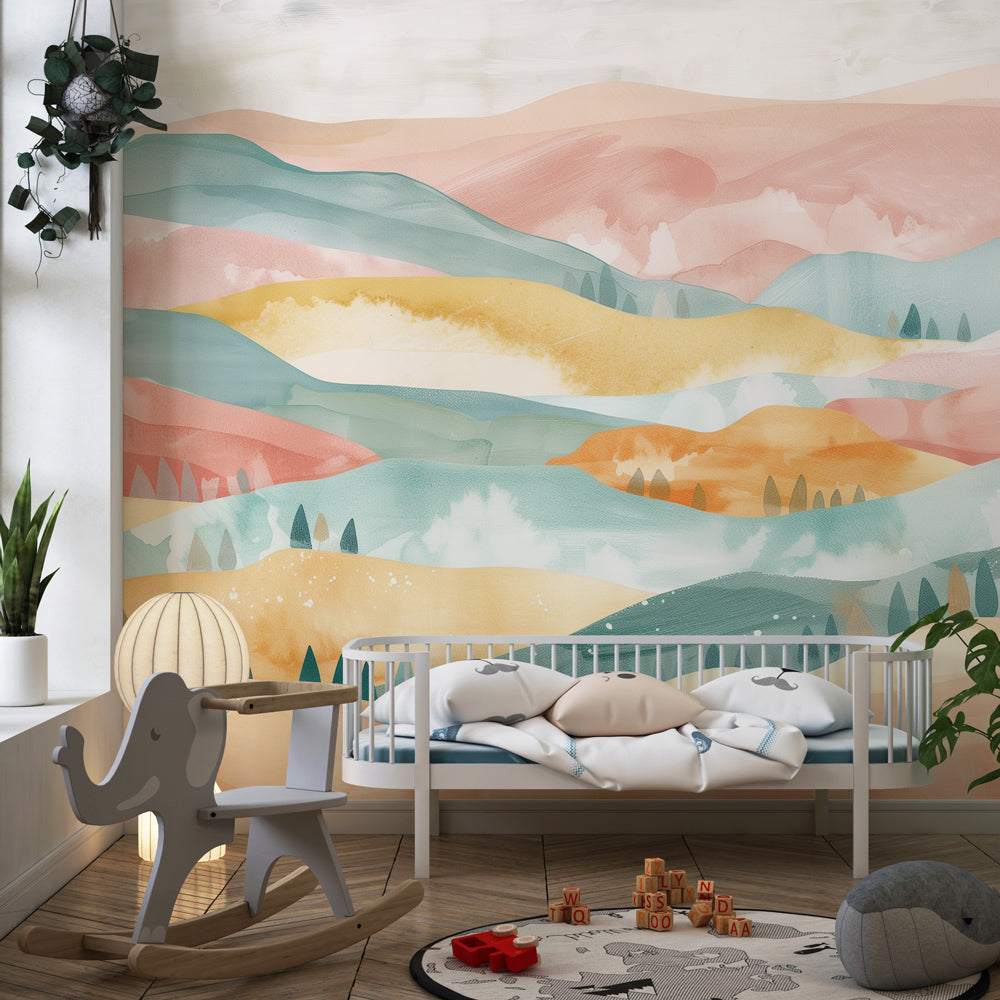 Dreamy pastel landscape wallpaper transforming toddler room into serene sanctuary
