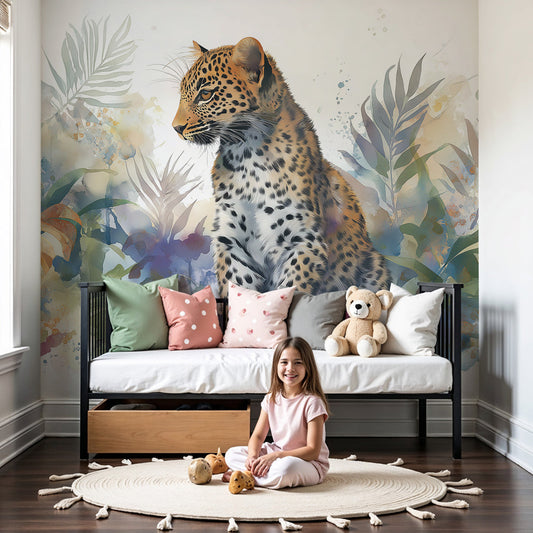 Kids-Mundo watercolor leopard cub wall mural shown as made-to-measure wallpaper in a soft nursery