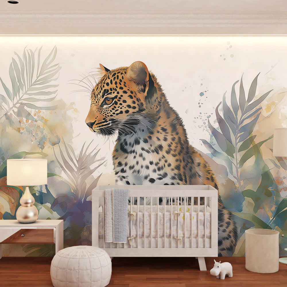 Kids-Mundo watercolor leopard cub wall mural with painterly leaves shown in a bright playroom