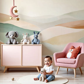 Watercolor pastel hills mural wallpaper creating serene nursery atmosphere by Kids-Mundo