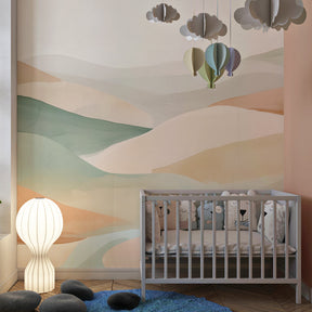 Peaceful watercolor hills mural wallpaper transforming nursery into calming sanctuary