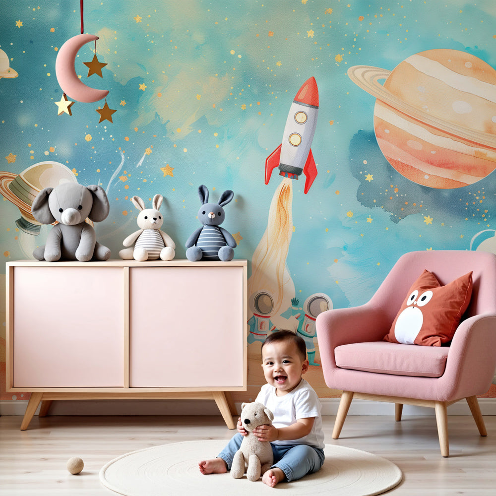 Kids-Mundo watercolor space wall mural with rocket launch shown in a soft baby nursery