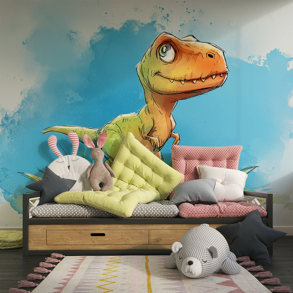 Kids-Mundo watercolour dinosaur wall mural covering a kids' bedroom wall above a single bed.