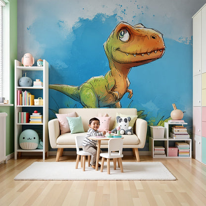 Kids-Mundo watercolour dinosaur wall mural in a soft nursery with white cot and natural light.