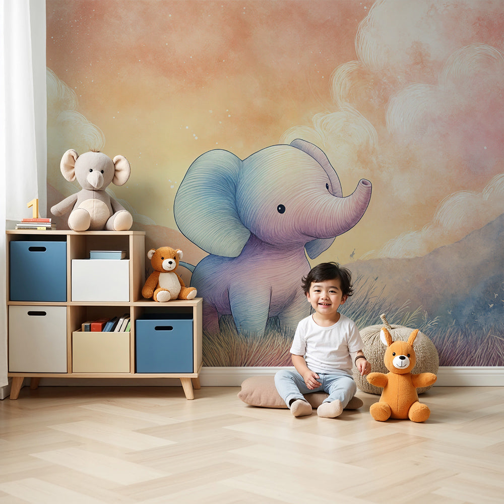 Kids-Mundo watercolour baby elephant wall mural styled in a soft pastel nursery with a wooden cot