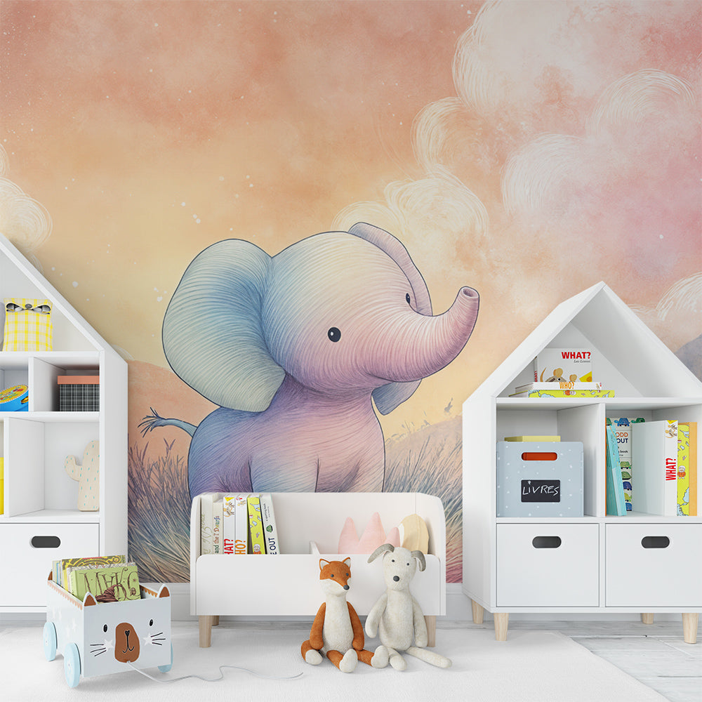 Kids-Mundo watercolour elephant wall mural brightening a gentle, pastel-toned playroom wall