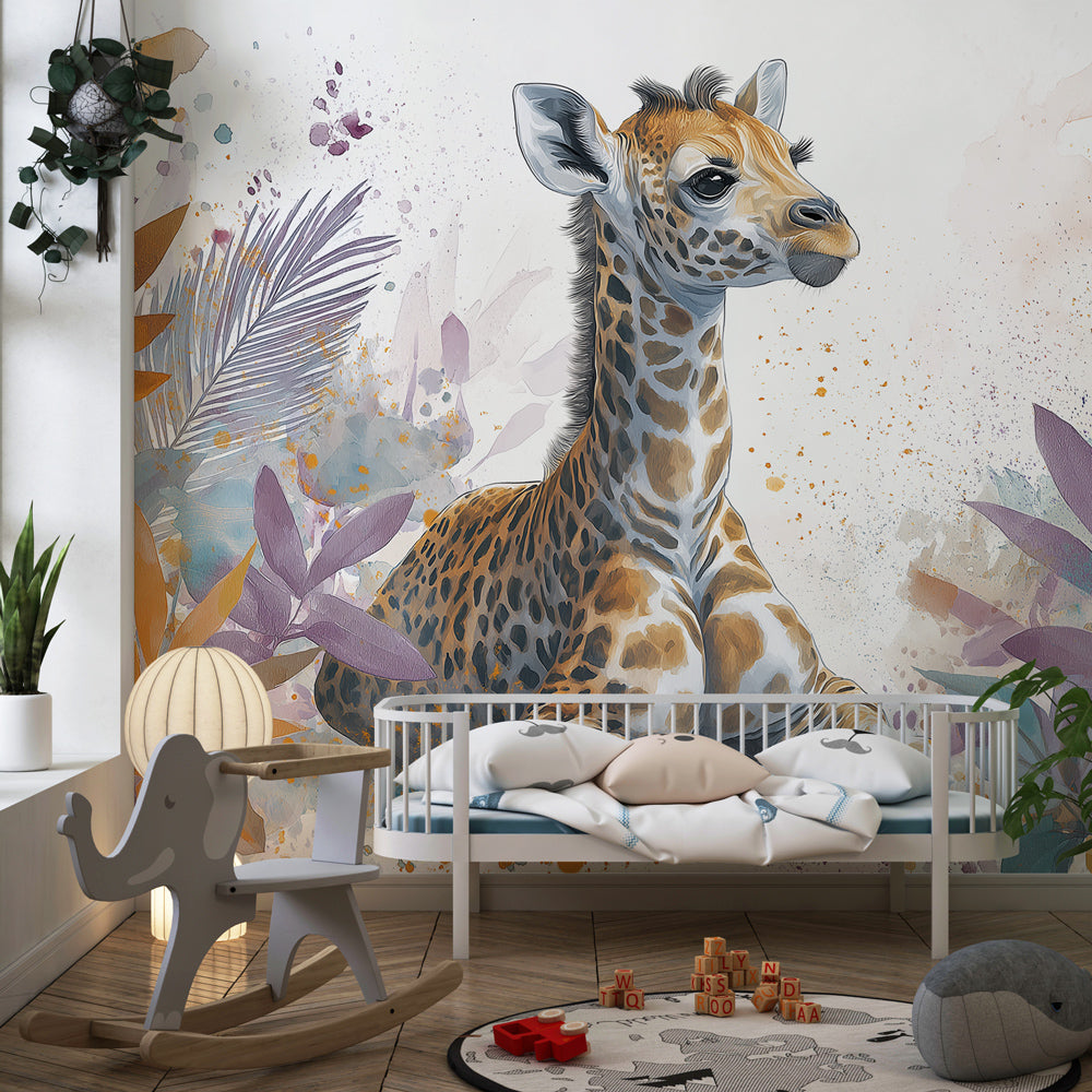 Kids-Mundo watercolour baby giraffe mural with painterly leaves shown in a playroom