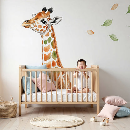 Kids-Mundo baby giraffe watercolour wall mural brightening a gentle playroom corner
