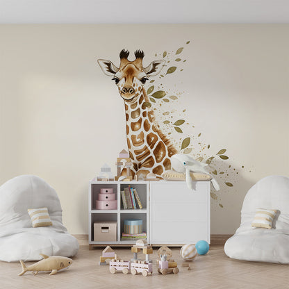 Kids-Mundo baby giraffe wall mural featured on a calm kids bedroom wall