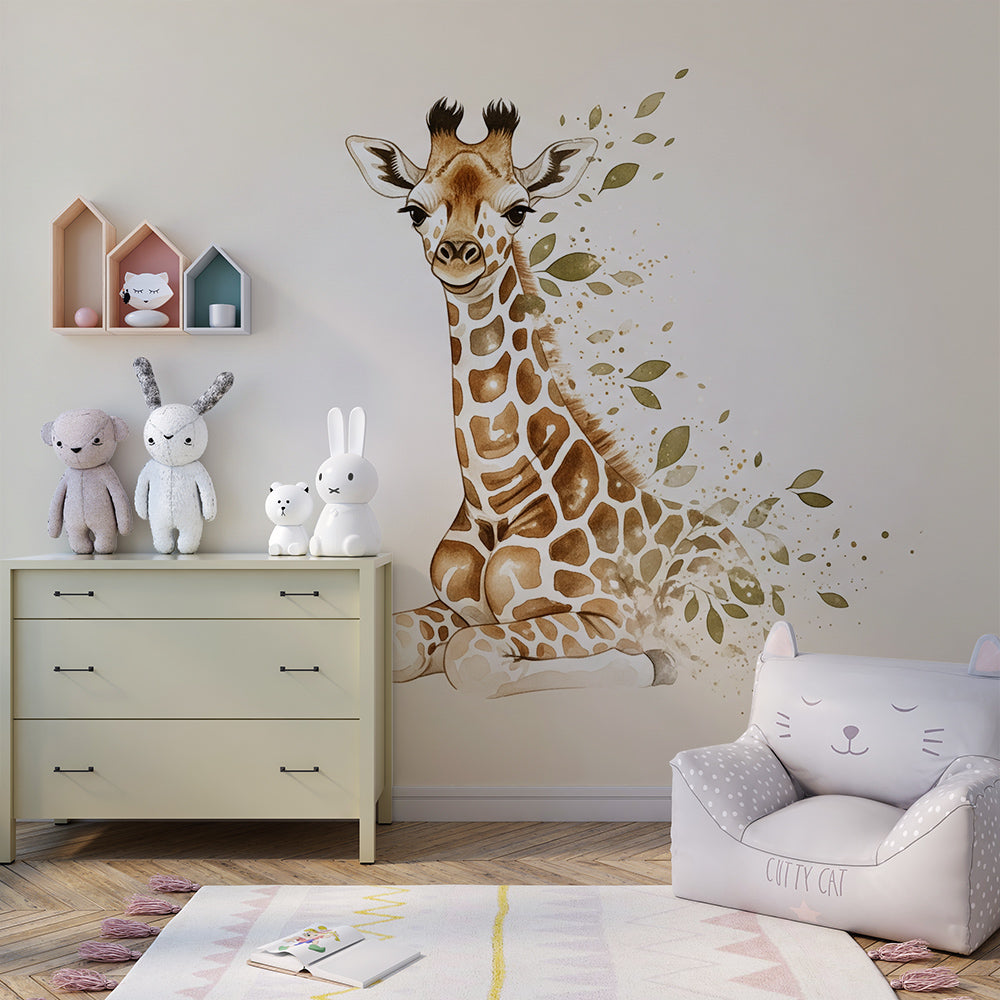 Kids-Mundo watercolour giraffe wall mural brightening a soft playroom corner