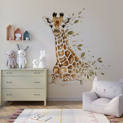 Kids-Mundo watercolour giraffe wall mural brightening a soft playroom corner