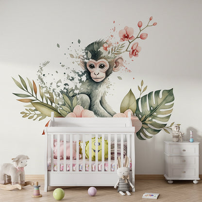 Kids-Mundo baby monkey and blossom wall mural shown on a soft child's bedroom wall
