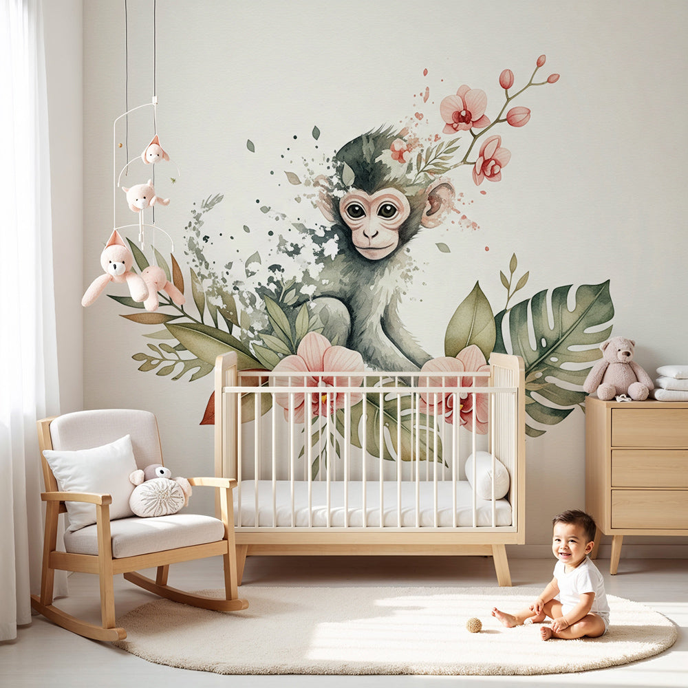 Kids-Mundo watercolour baby monkey wall mural with pink orchids styled in a nursery room