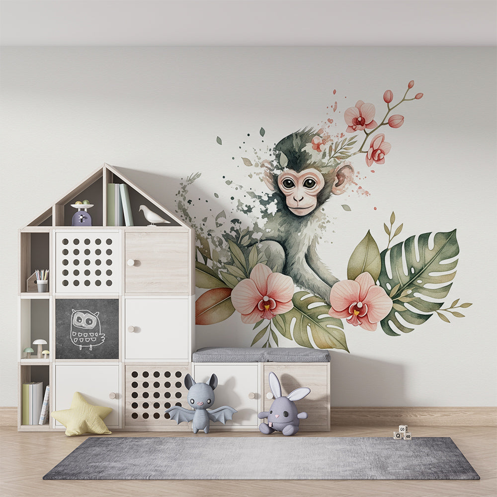 Kids-Mundo watercolour monkey wall mural styled in a soft playroom setting nearby