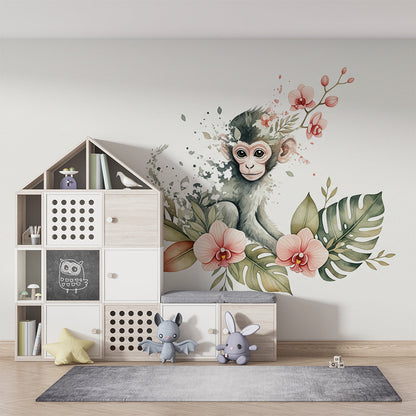 Kids-Mundo watercolour monkey wall mural styled in a soft playroom setting nearby