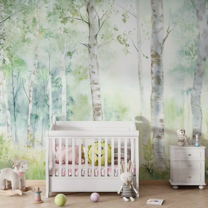 Kids-Mundo sunlit watercolour birch forest wall mural styled in a kids bedroom