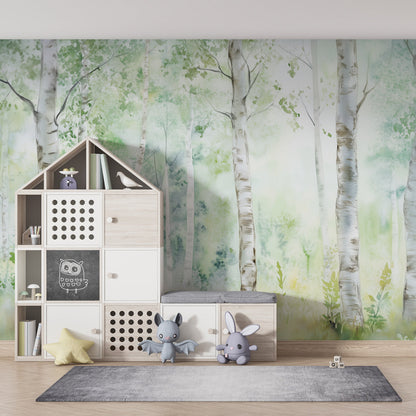 Kids-Mundo sunlit watercolour birch forest wall mural featured in a colourful playroom