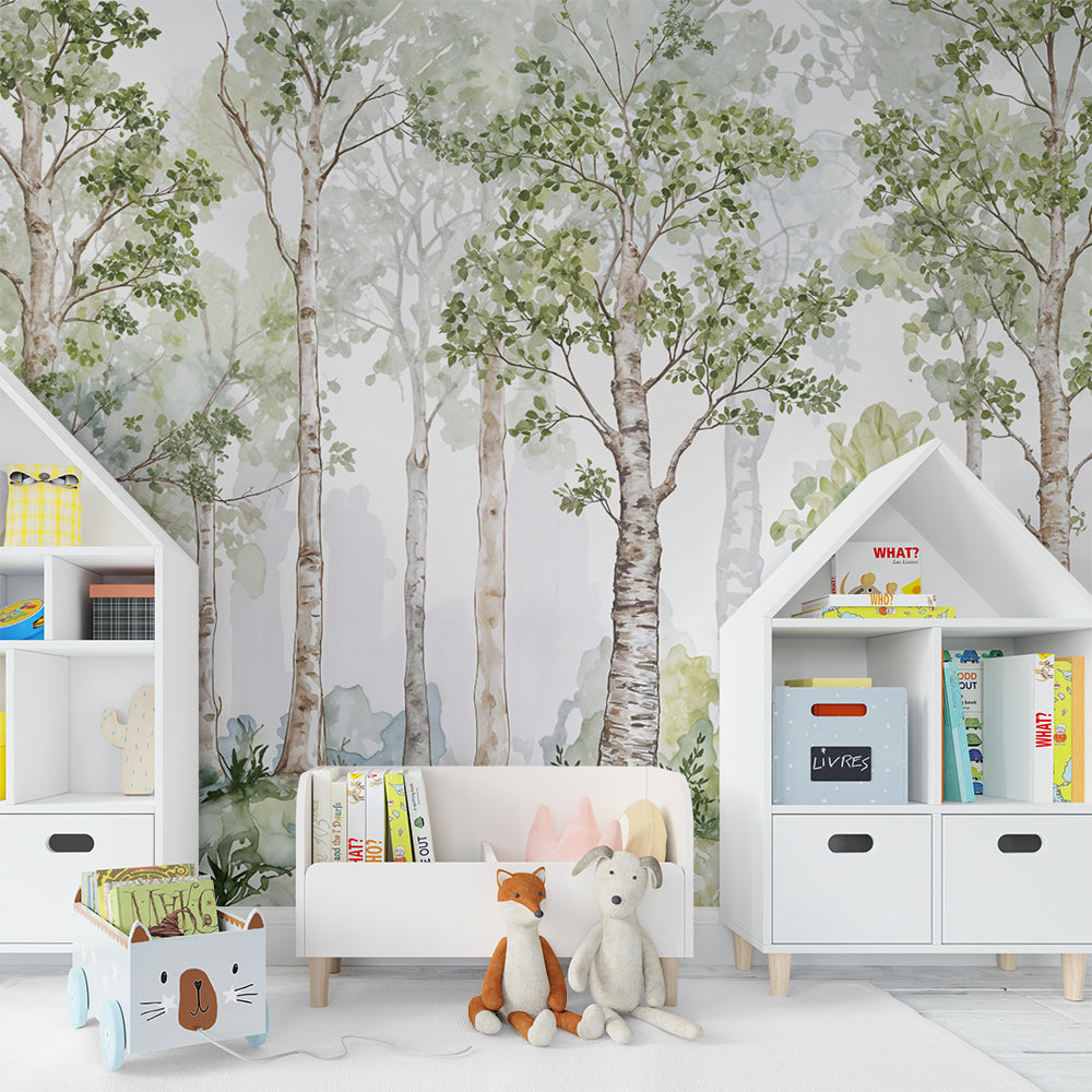 Kids-Mundo birch forest wall mural installed in a calm kids bedroom setting