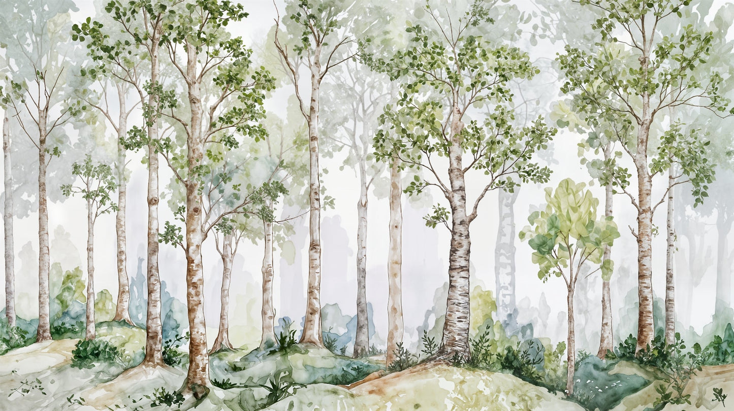 Kids-Mundo flat artwork of the watercolour birch forest wall mural design