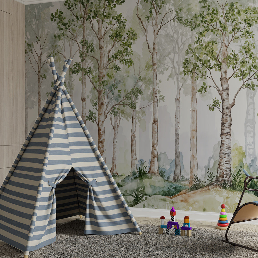 Kids-Mundo watercolour forest mural bringing a misty woodland feel to a playroom