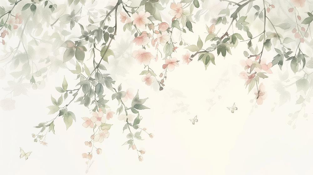 Kids-Mundo watercolour blossom branch artwork with butterflies, flat design view.