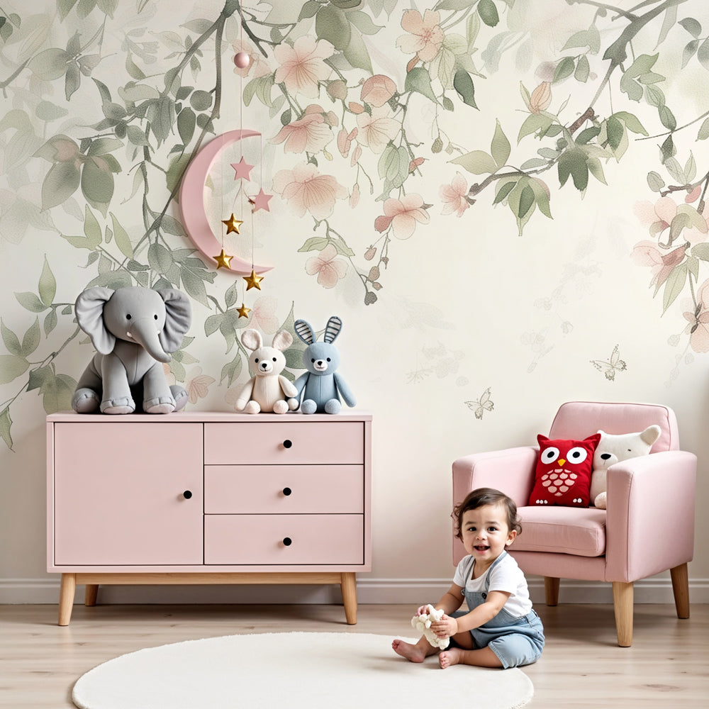 Kids-Mundo blossom branch wall mural behind a cot in a soft, calm nursery setting.