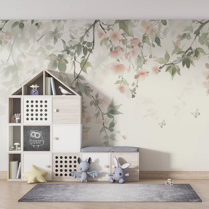 Kids-Mundo floral blossom wall mural adding gentle colour to a bright children's playroom.